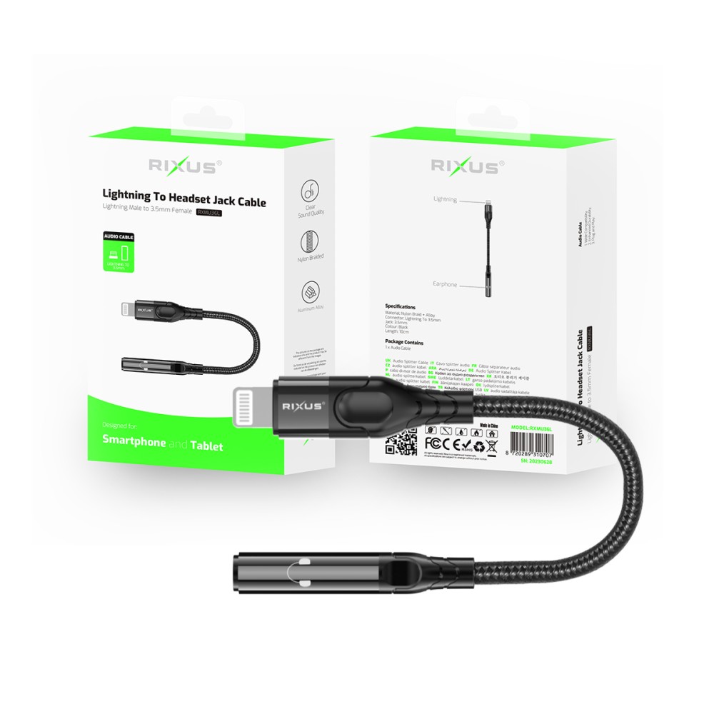 Rixus RXMU36L Lightning to 3.5mm Audio Adapter Female 10CM Black