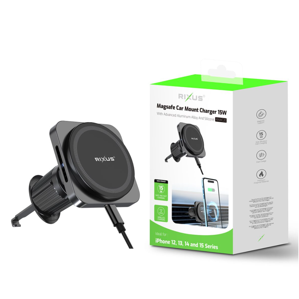 Rixus RXWC20 Wireless Car Charger With MagSafe Car Mount 15W Space Grey