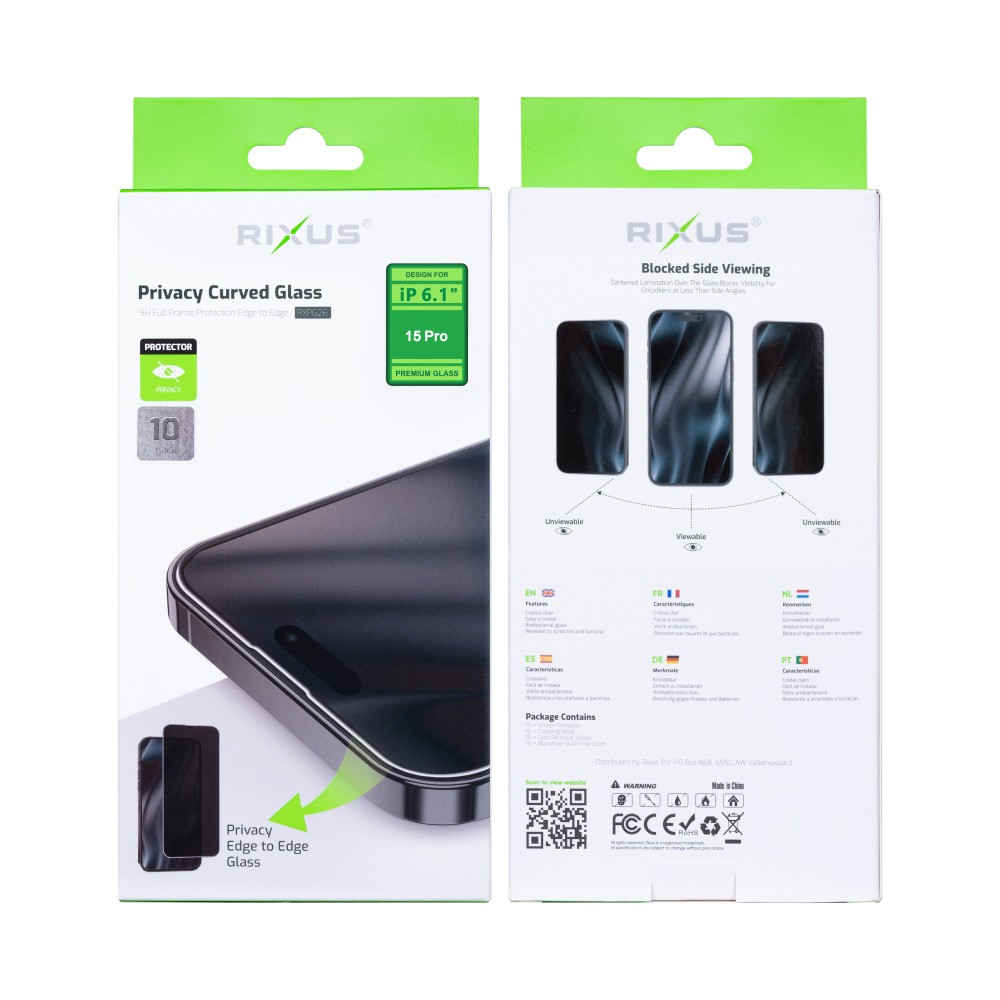 Rixus Privacy Full Curved Edge Tempered Glass For iPhone 15 Pro (10-Pack)