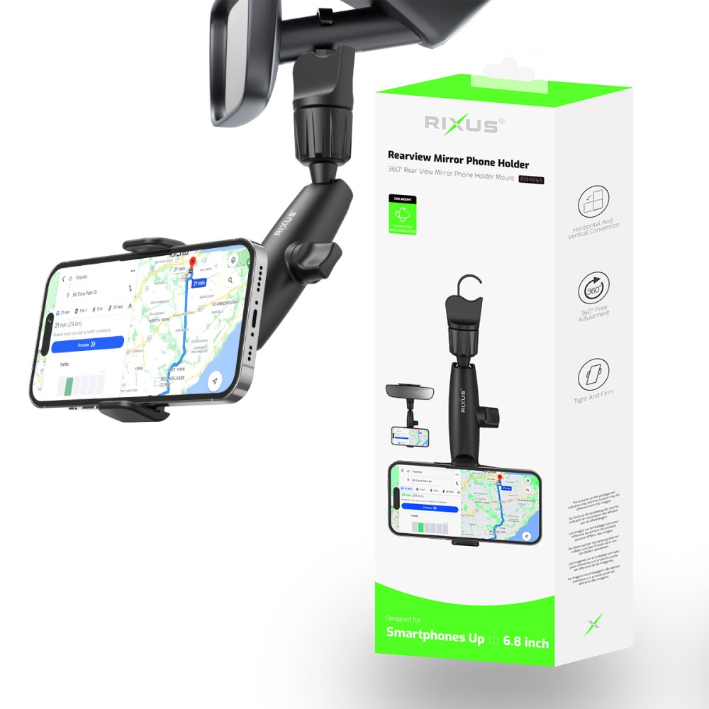 Rixus RXHW65 360 Degree Rear View Mirror Phone Holder Mount Black