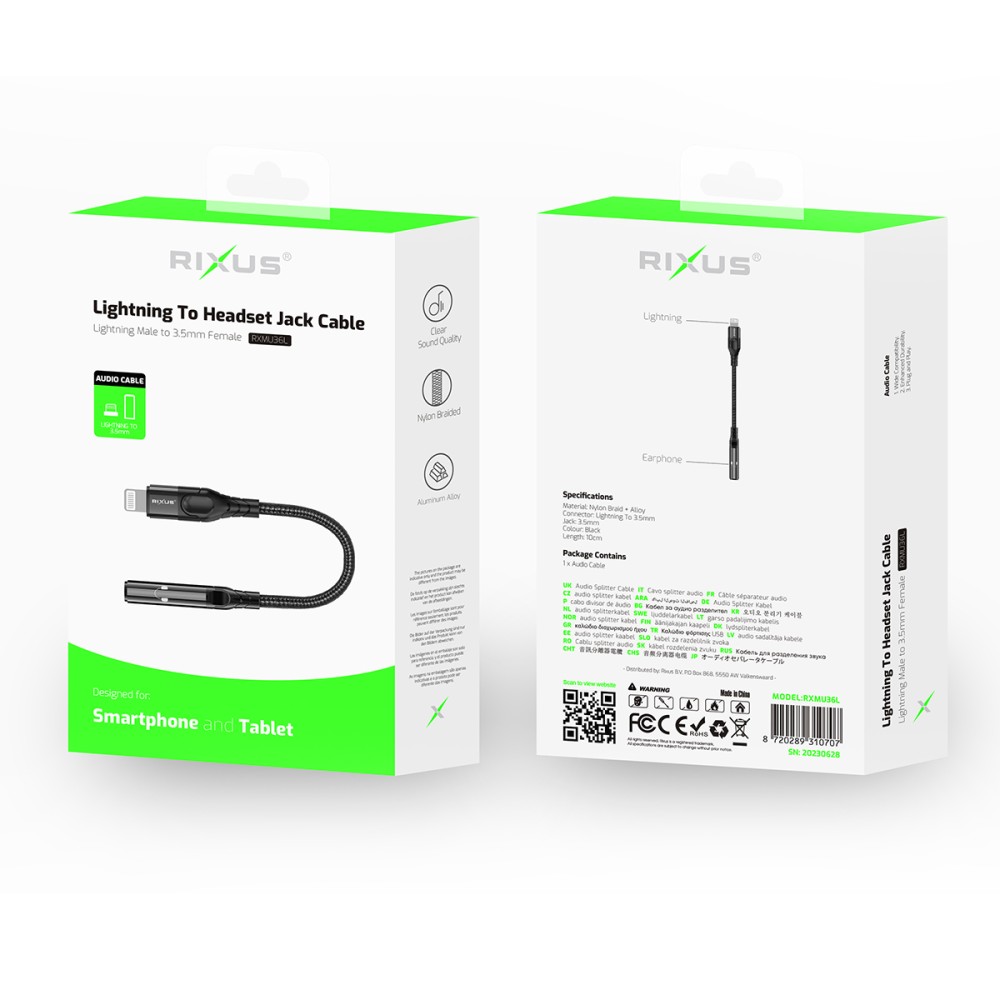 Rixus RXMU36L Lightning to 3.5mm Audio Adapter Female 10CM Black
