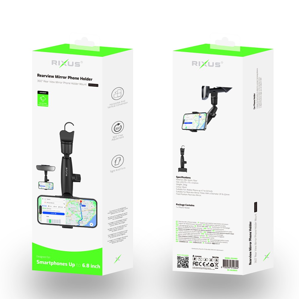 Rixus RXHW65 360 Degree Rear View Mirror Phone Holder Mount Black