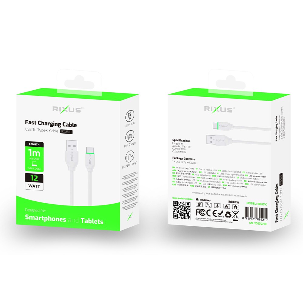 Rixus RXU81C USB Cable Fast Cable Serie For USB-C 100CM White