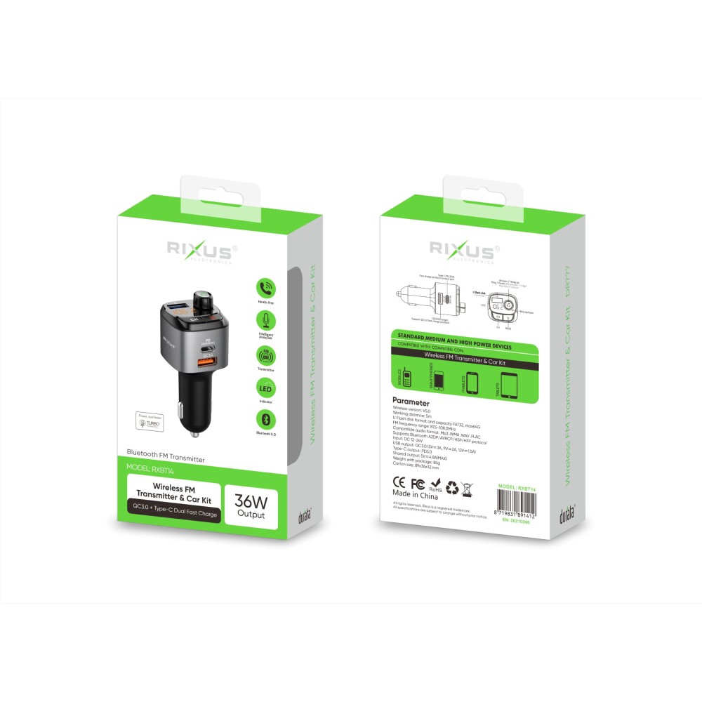 Rixus RXBT14 Bluetooth Car FM Player And Quick PD Car Charge